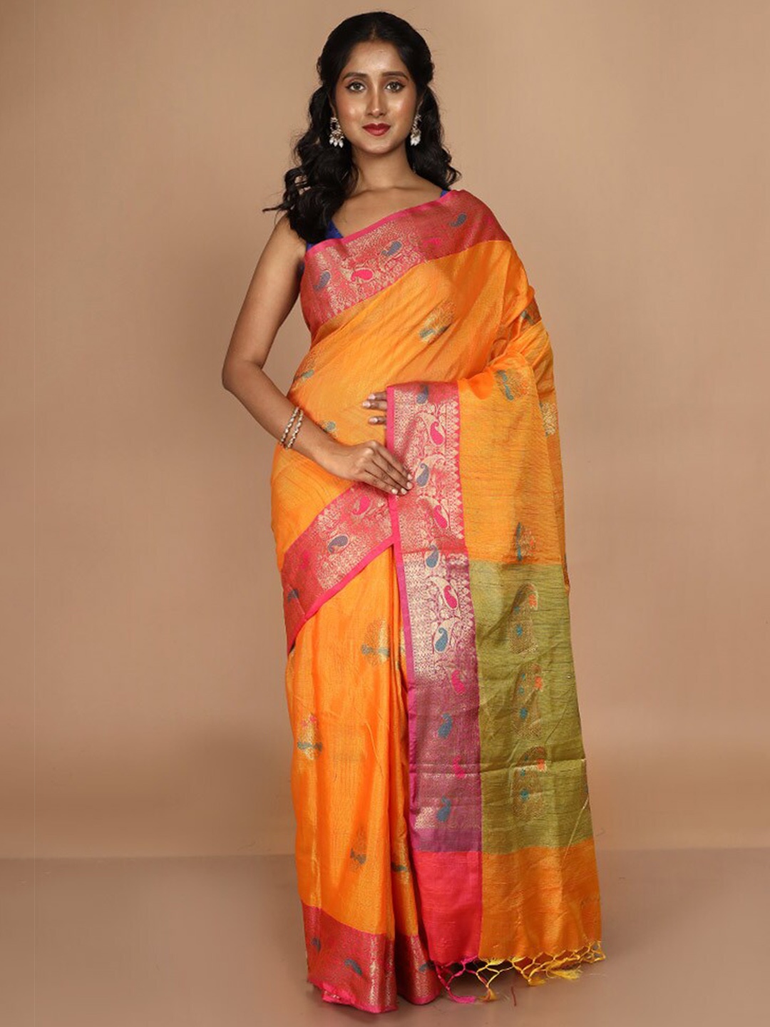 

AllSilks Floral Woven Design Zari Kota Saree, Orange