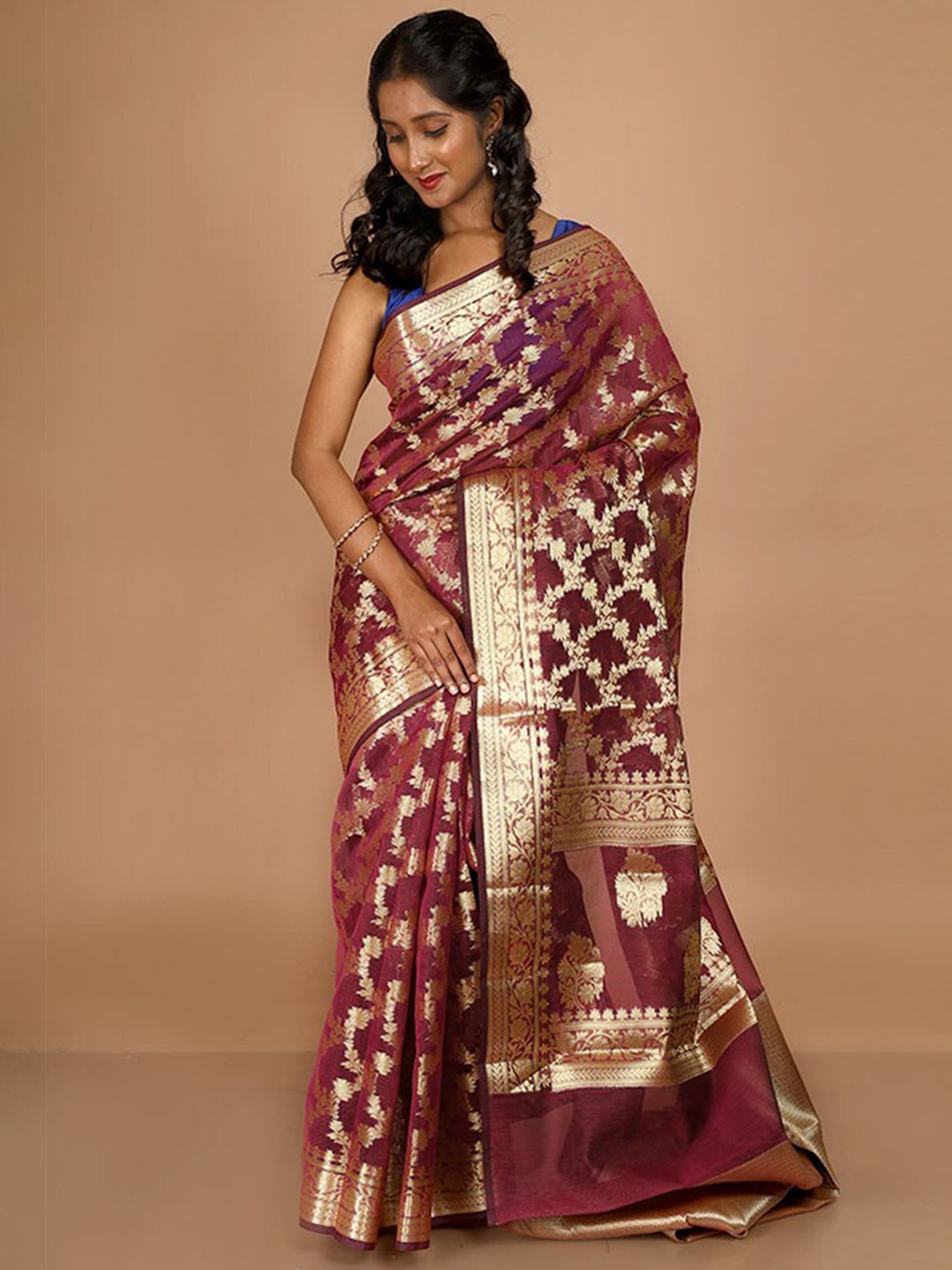 

AllSilks Floral Woven Design Zari Kota Saree, Purple