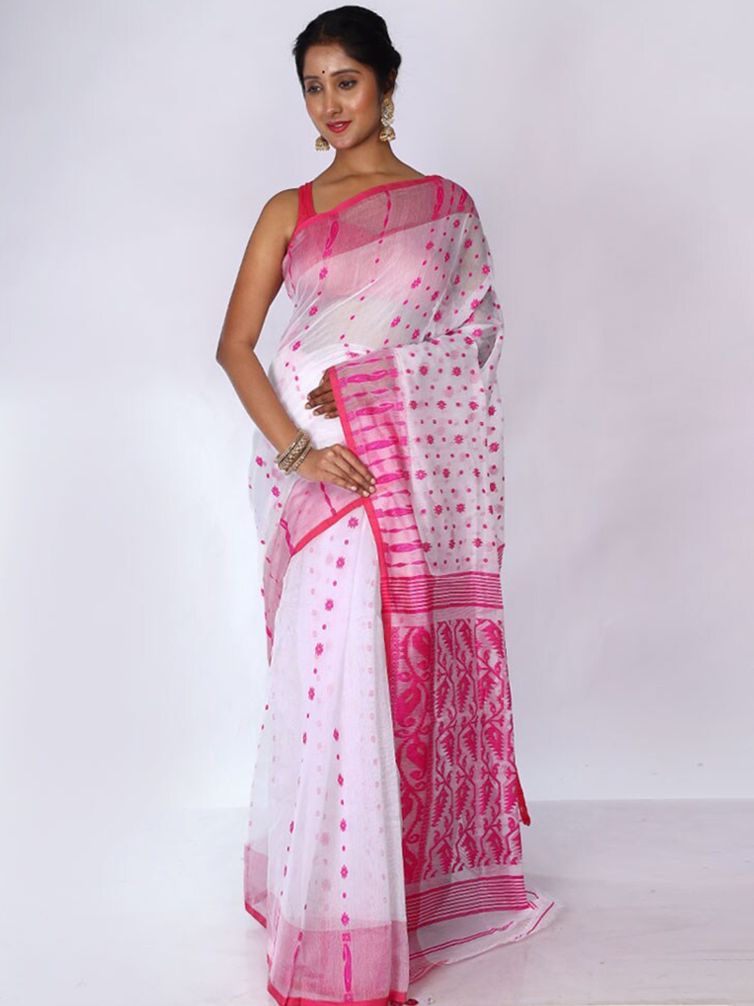 

AllSilks Floral Woven Design Taant Saree, White