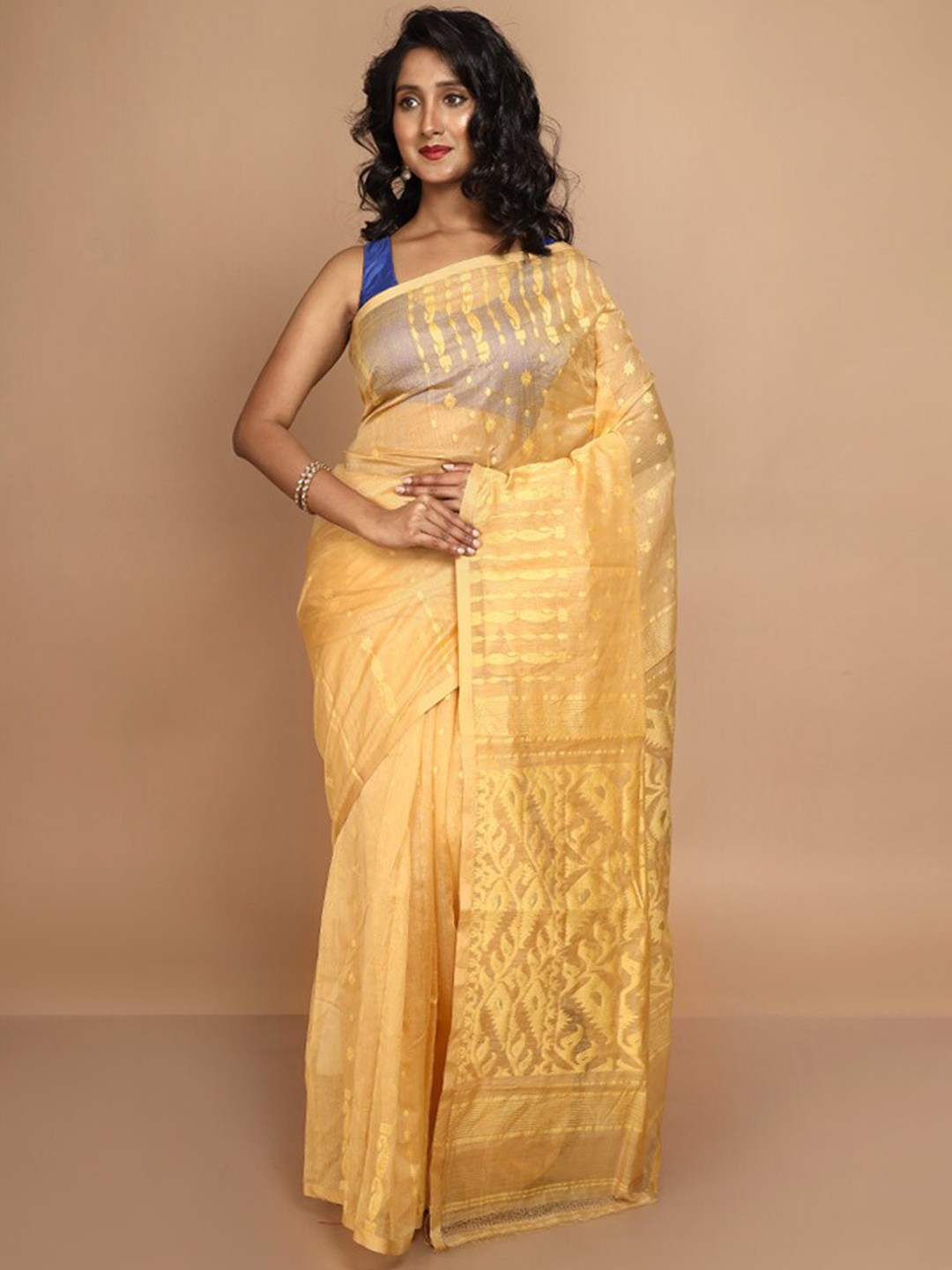 

AllSilks Floral Woven Design Taant Saree, Beige
