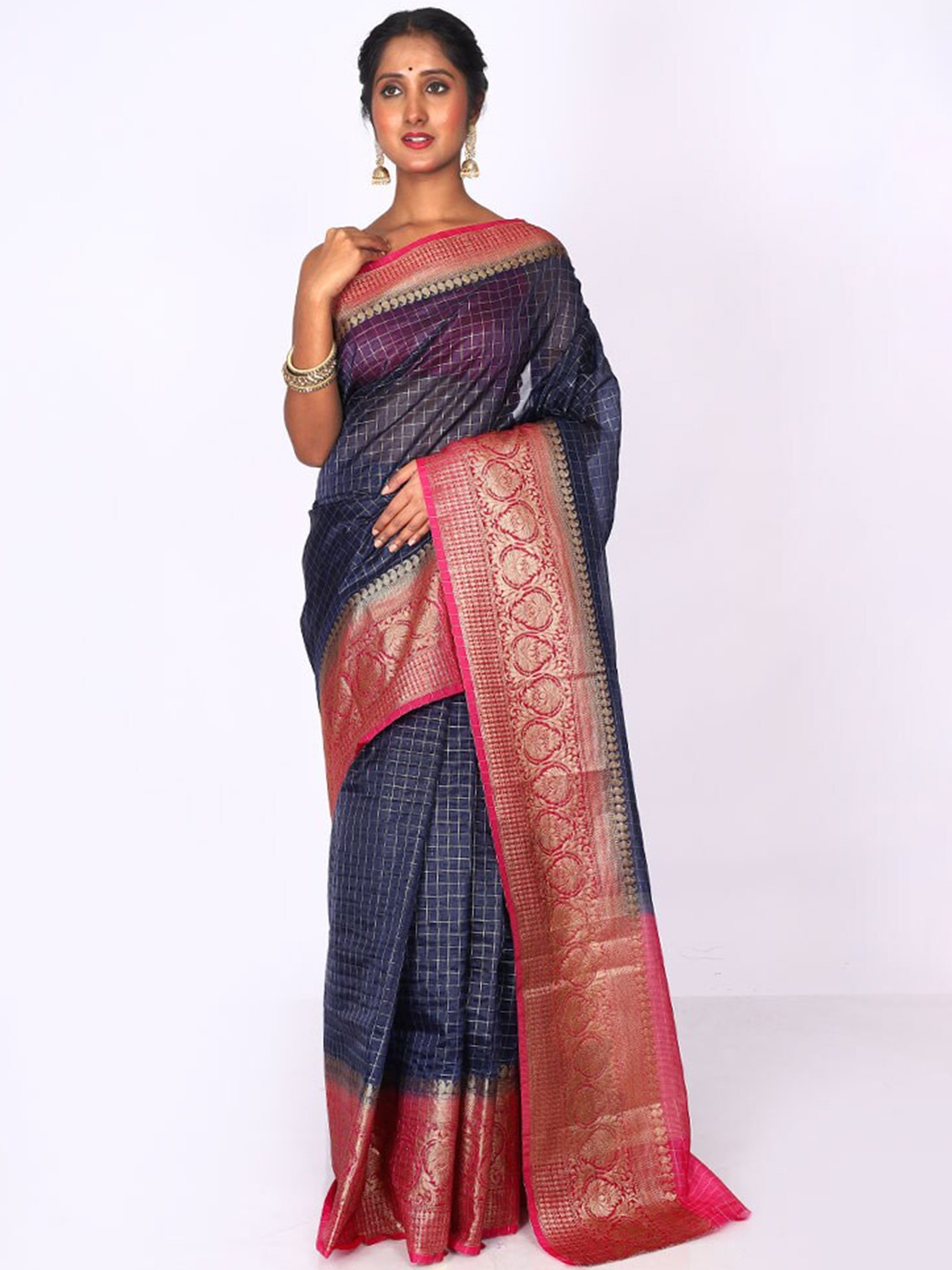 

AllSilks Checked Zari Saree, Navy blue