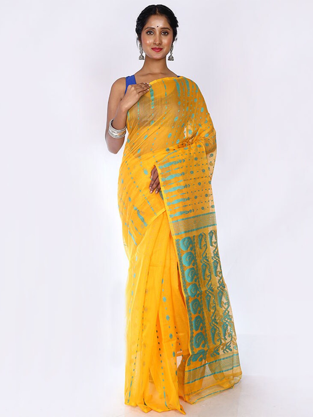

AllSilks Paisley Woven Design Zari Taant Saree, Yellow