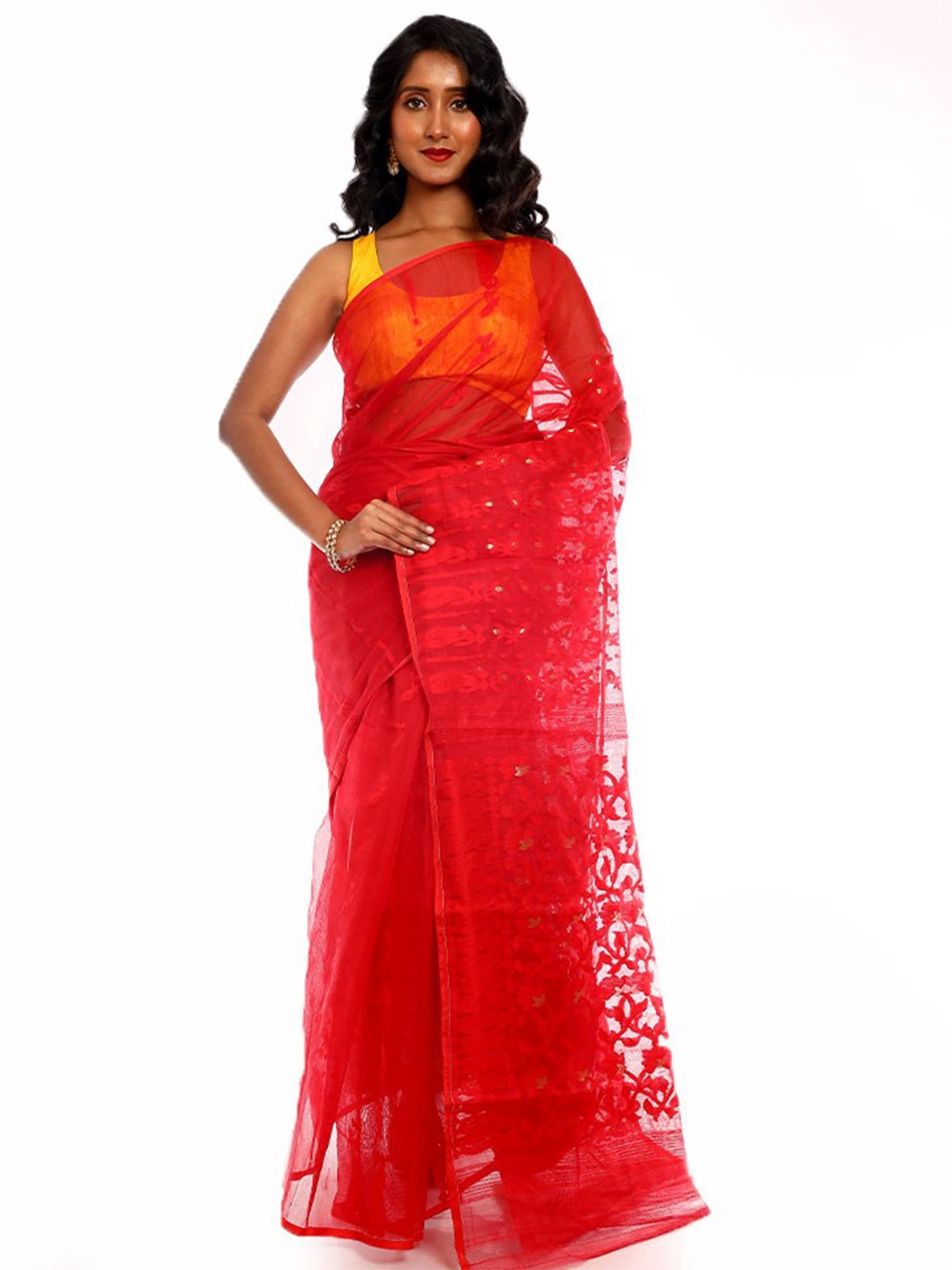 

AllSilks Floral Woven Design Taant Saree, Red