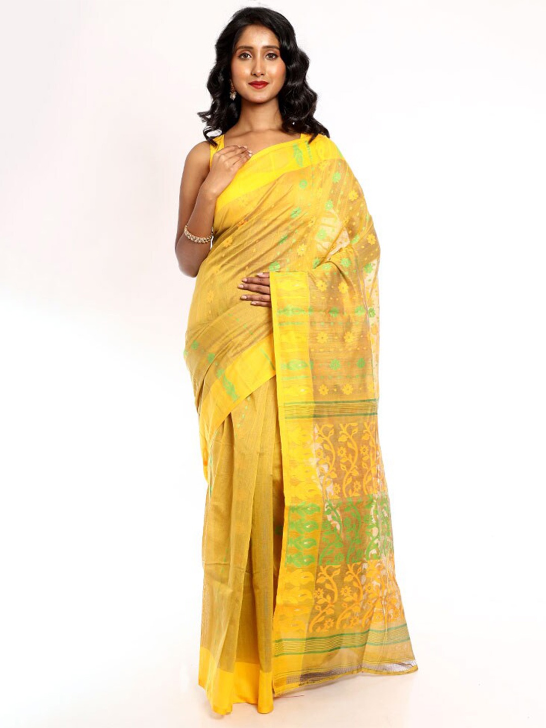 

AllSilks Floral Woven Design Taant Saree, Yellow