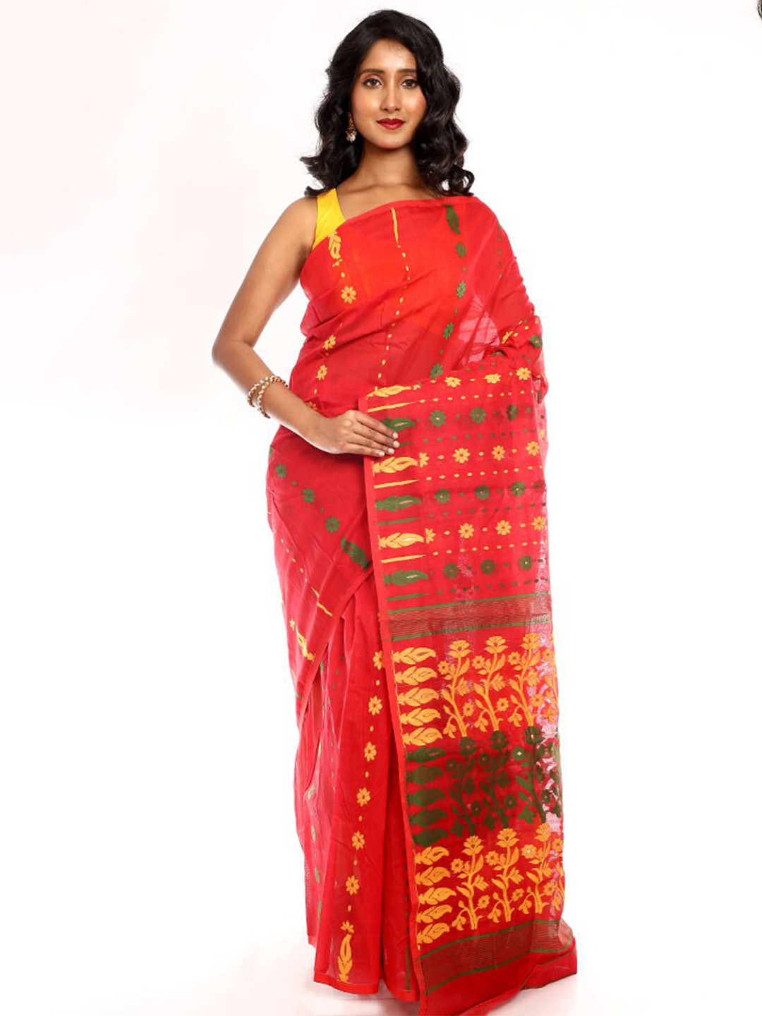 

AllSilks Floral Woven Design Taant Saree, Red