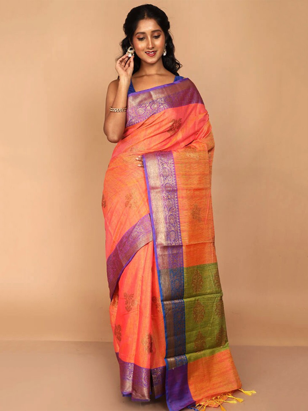 

AllSilks Floral Woven Design Zari Kota Saree, Rust