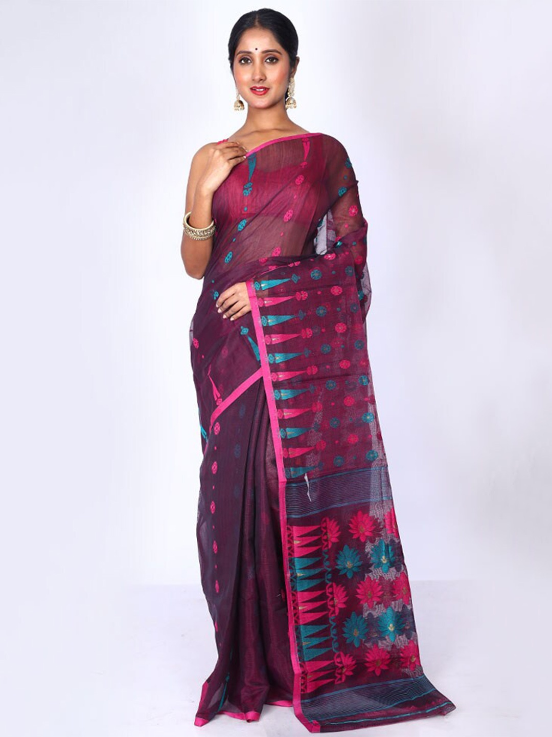 

AllSilks Floral Woven Design Taant Saree, Purple