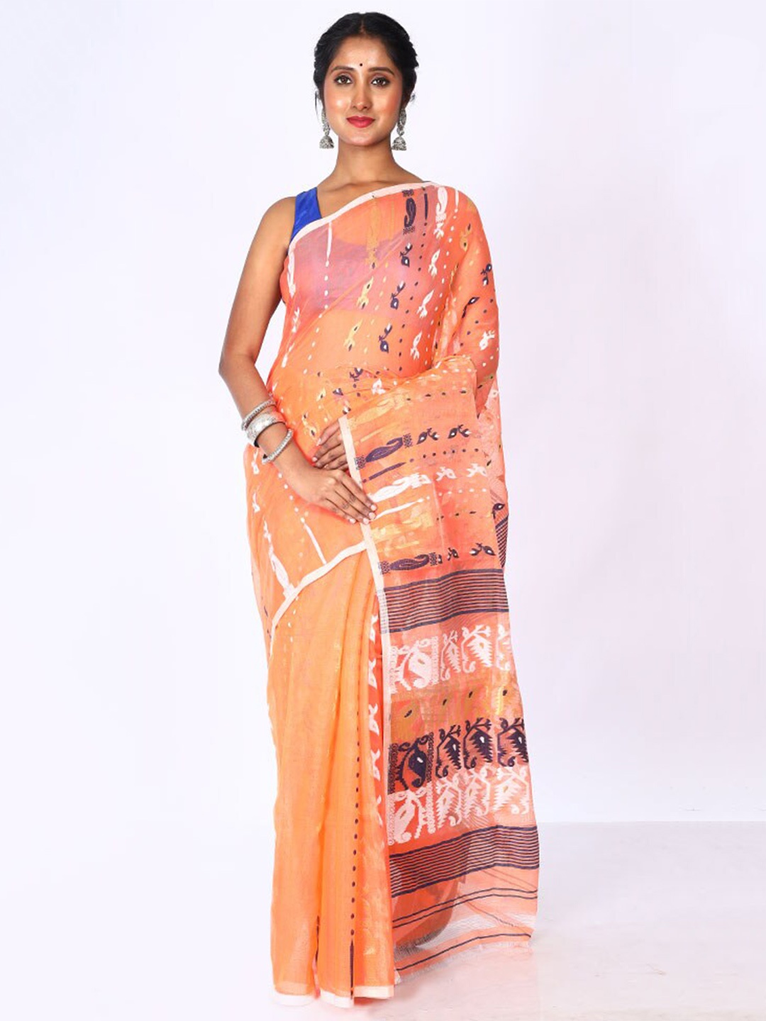 

AllSilks Woven Design Taant Saree, Peach