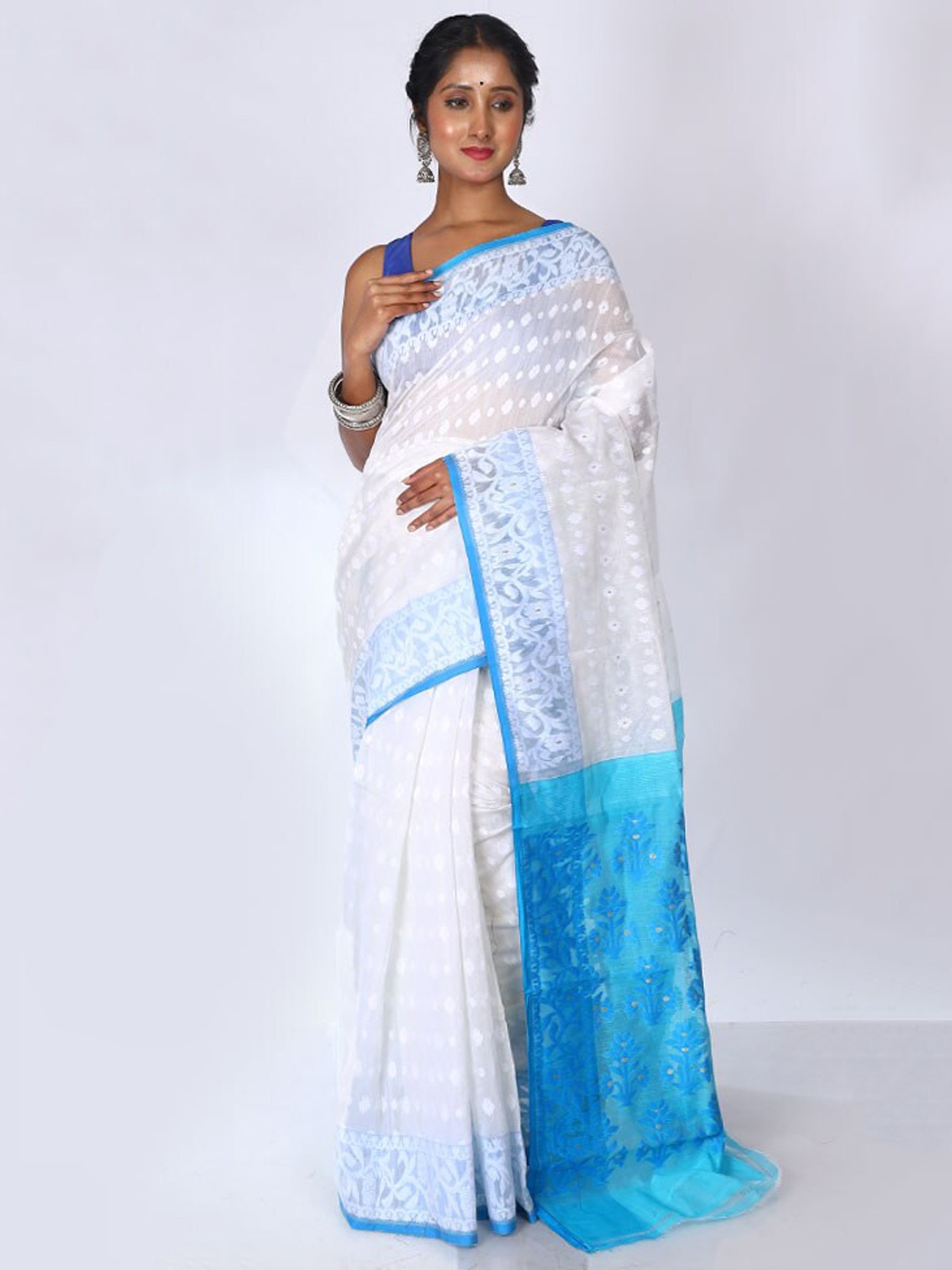 

AllSilks Floral Woven Design Taant Saree, White