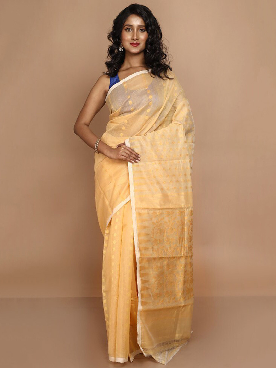 

AllSilks Floral Woven Design Taant Saree, Cream