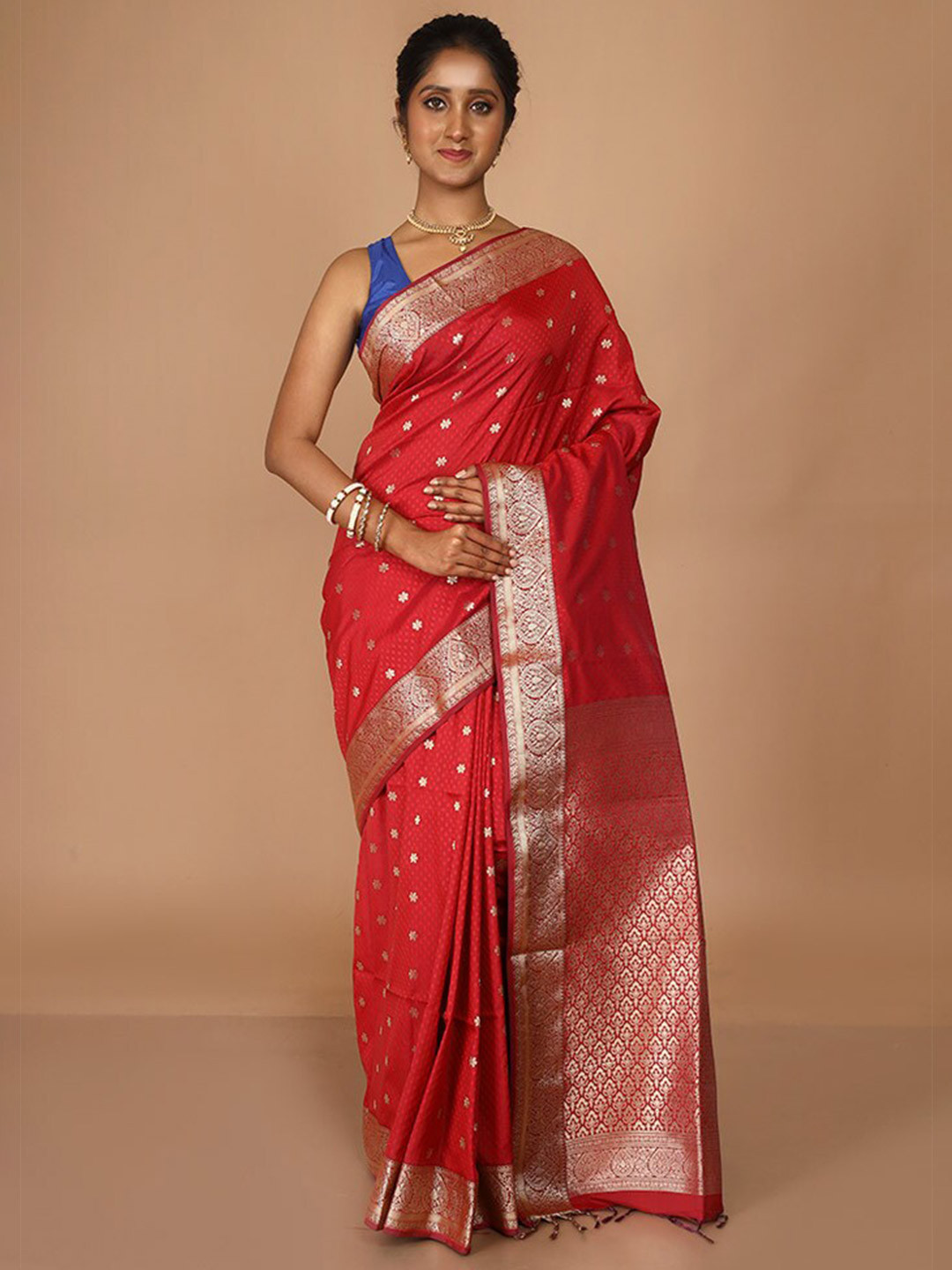 

AllSilks Woven Design Zari Silk Blend Kanjeevaram Saree, Red