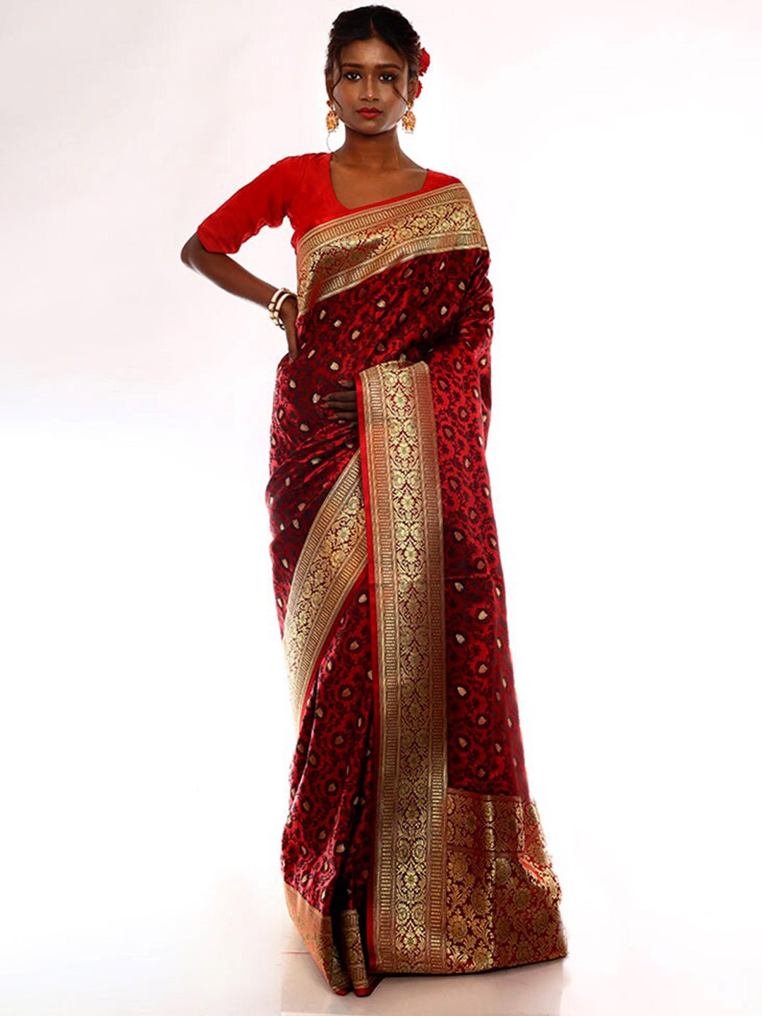 

AllSilks Woven Design Zari Silk Blend Banarasi Saree, Red