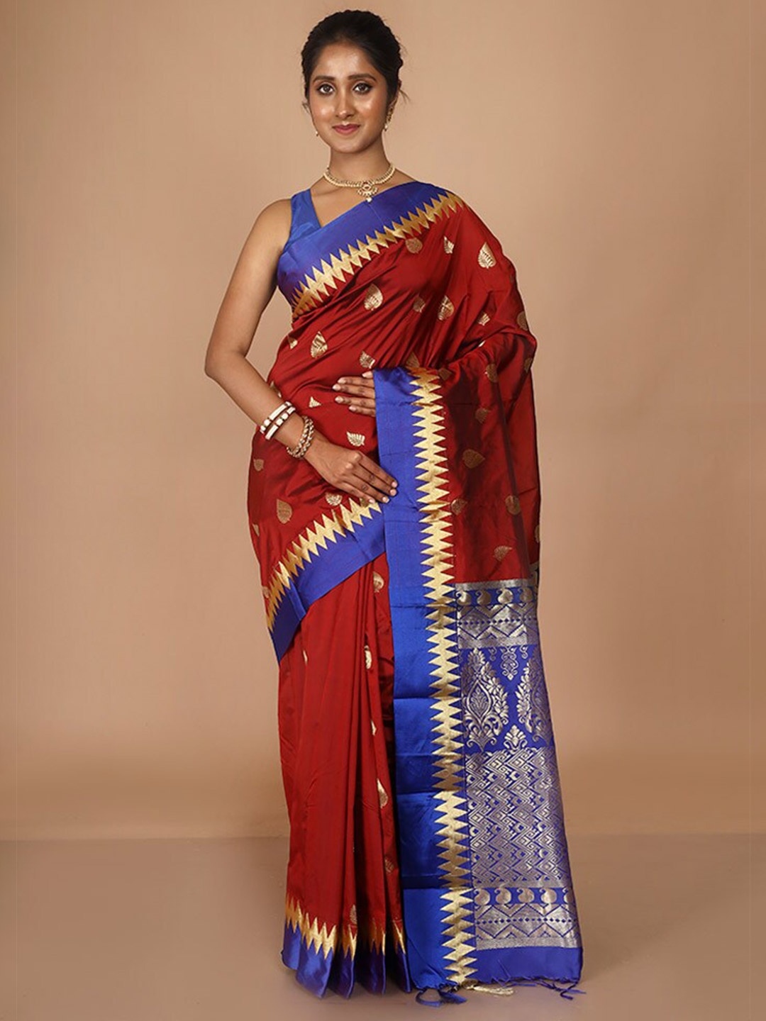 

AllSilks Woven Design Zari Silk Blend Kanjeevaram Saree, Maroon