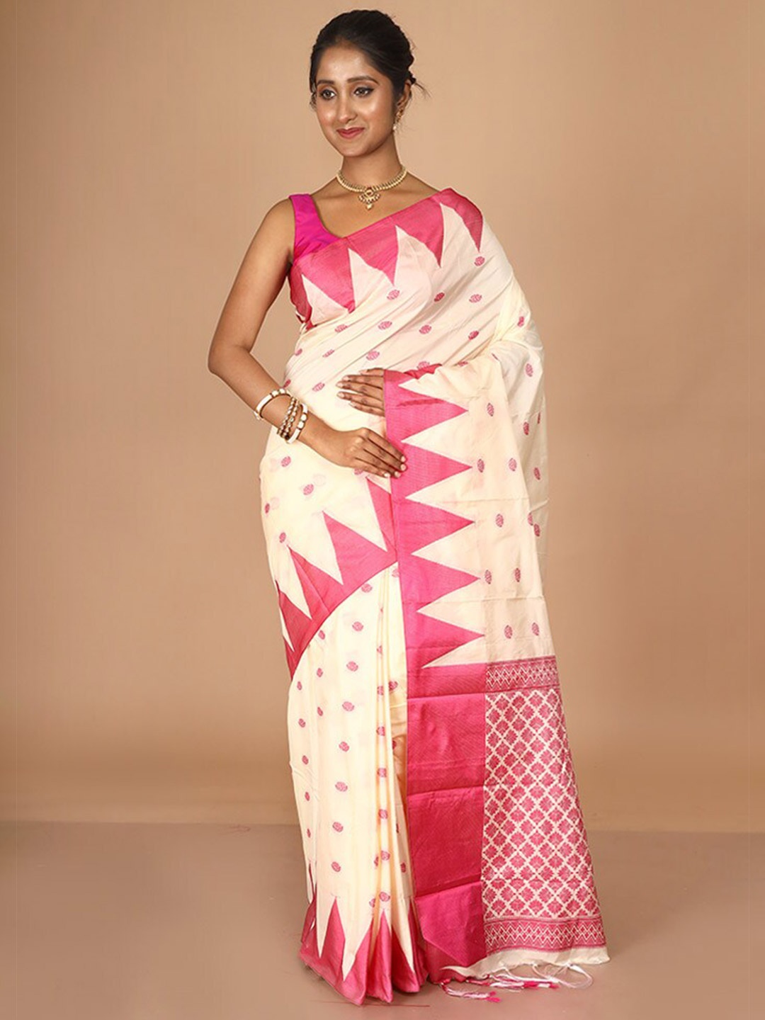 

AllSilks Woven Design Silk Blend Kanjeevaram Saree, Off white