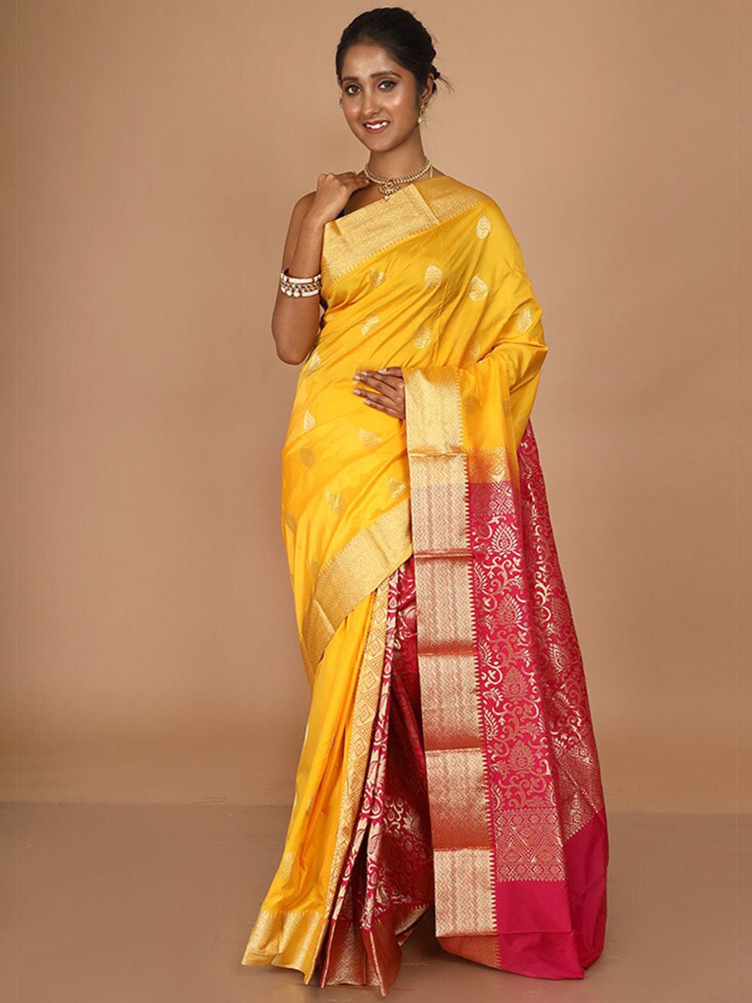 

AllSilks Woven Design Zari Silk Blend Kanjeevaram Saree, Yellow