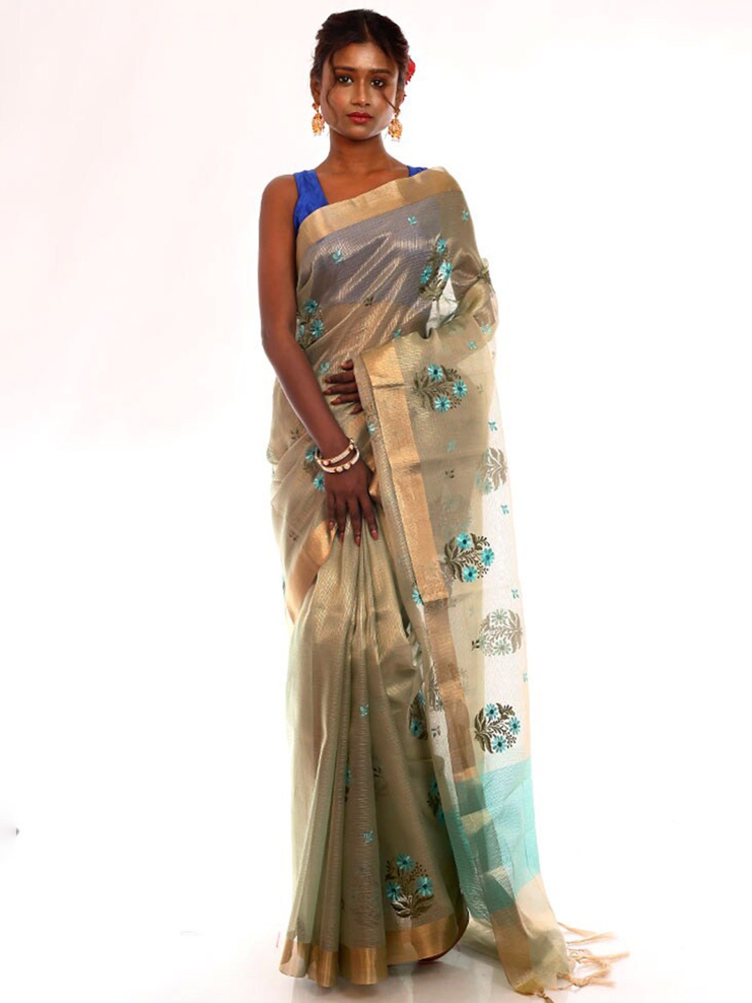 

AllSilks Floral Embroidered Art Silk Saree, Green