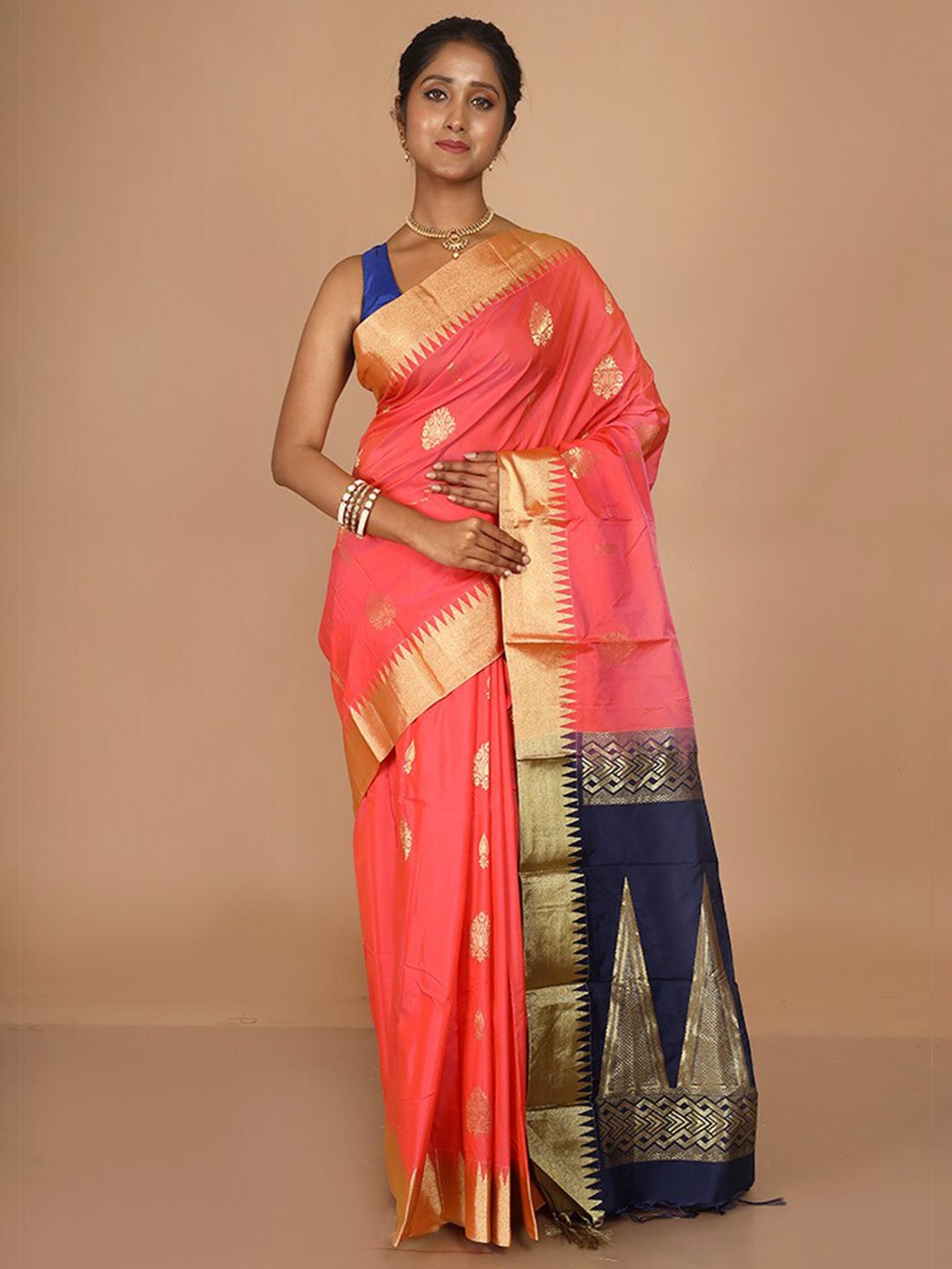 

AllSilks Woven Design Zari Silk Blend Kanjeevaram Saree, Pink