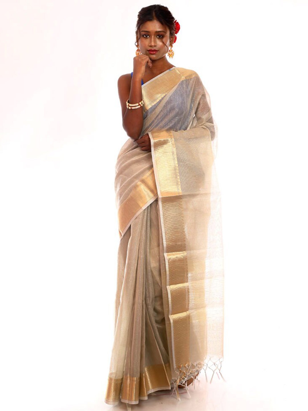 

AllSilks Zari Art Silk Saree With Blouse Piece, Cream