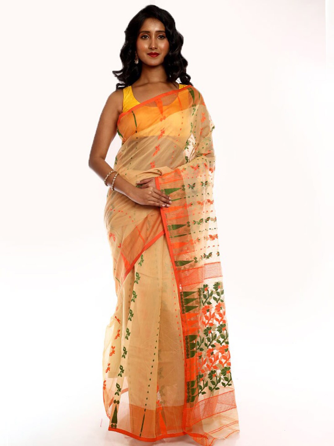 

AllSilks Woven Design Taant Saree, Cream