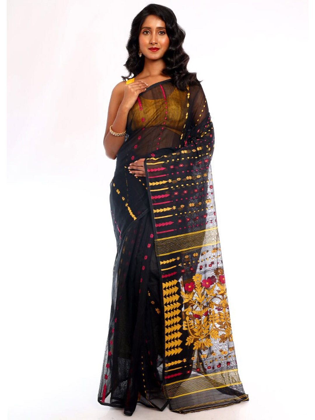 

AllSilks Ethnic Motif Woven Design Taant Saree, Black