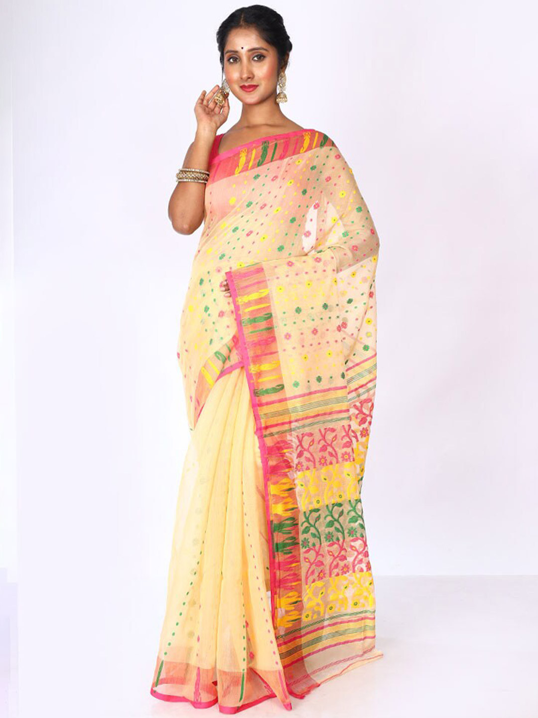 

AllSilks Ethnic Motif Woven Design Taant Saree, Cream