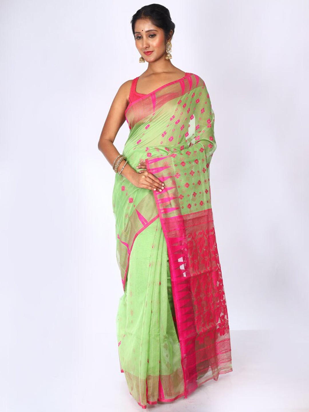 

AllSilks Ethnic Motif Woven Design Taant Saree, Green