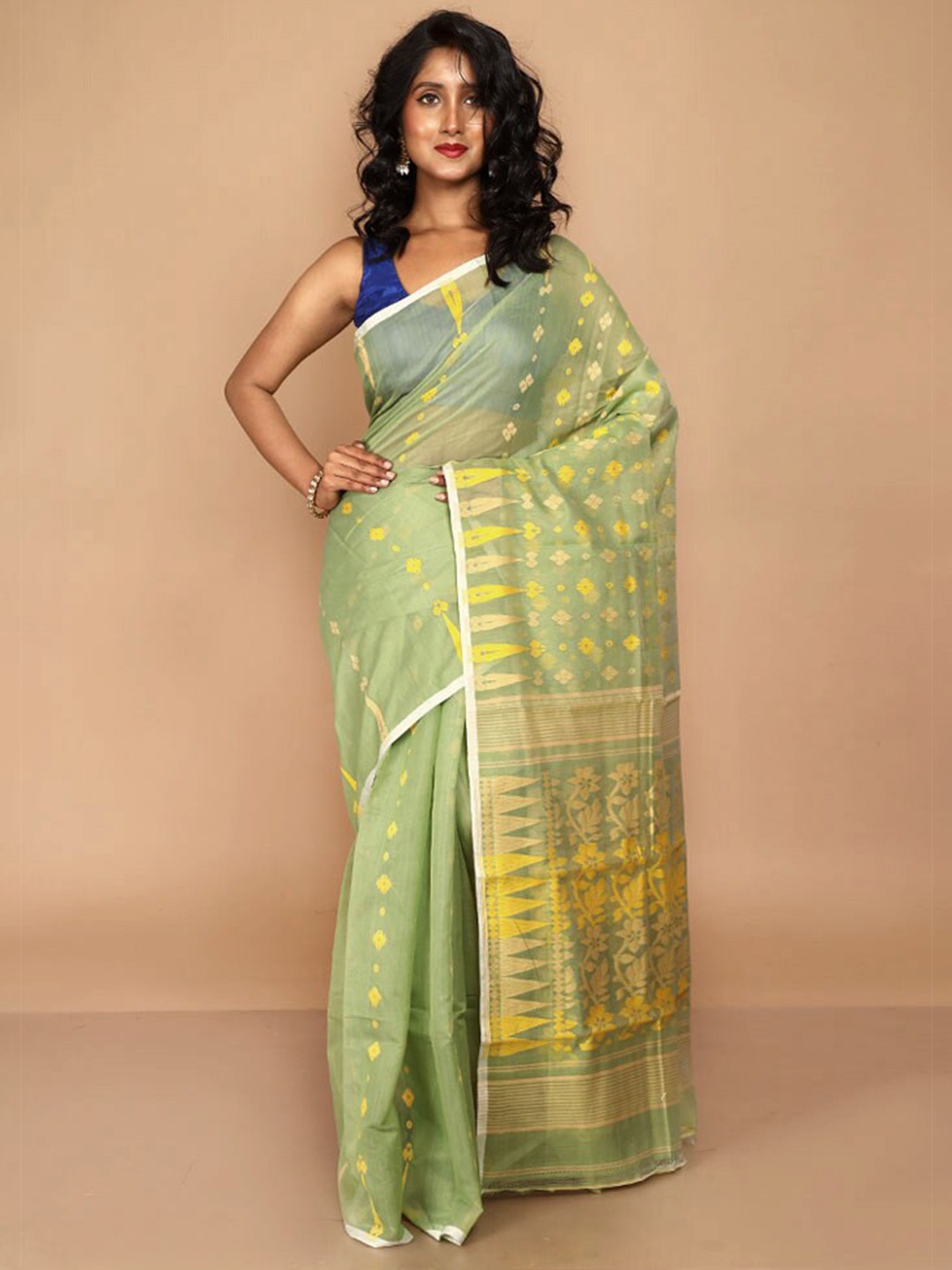 

AllSilks Ethnic Motif Woven Design Taant Saree, Green