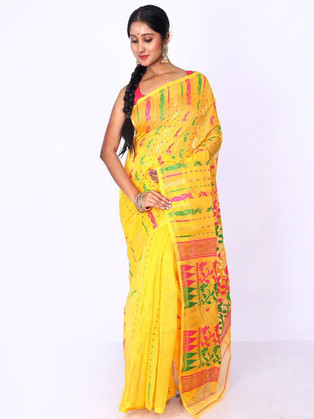 

AllSilks Ethnic Motifs Woven Design Taant Saree, Yellow