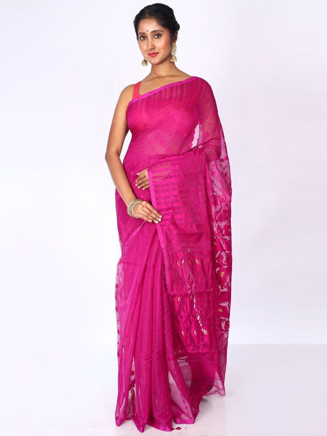 

AllSilks Floral Woven Design Taant Saree, Pink
