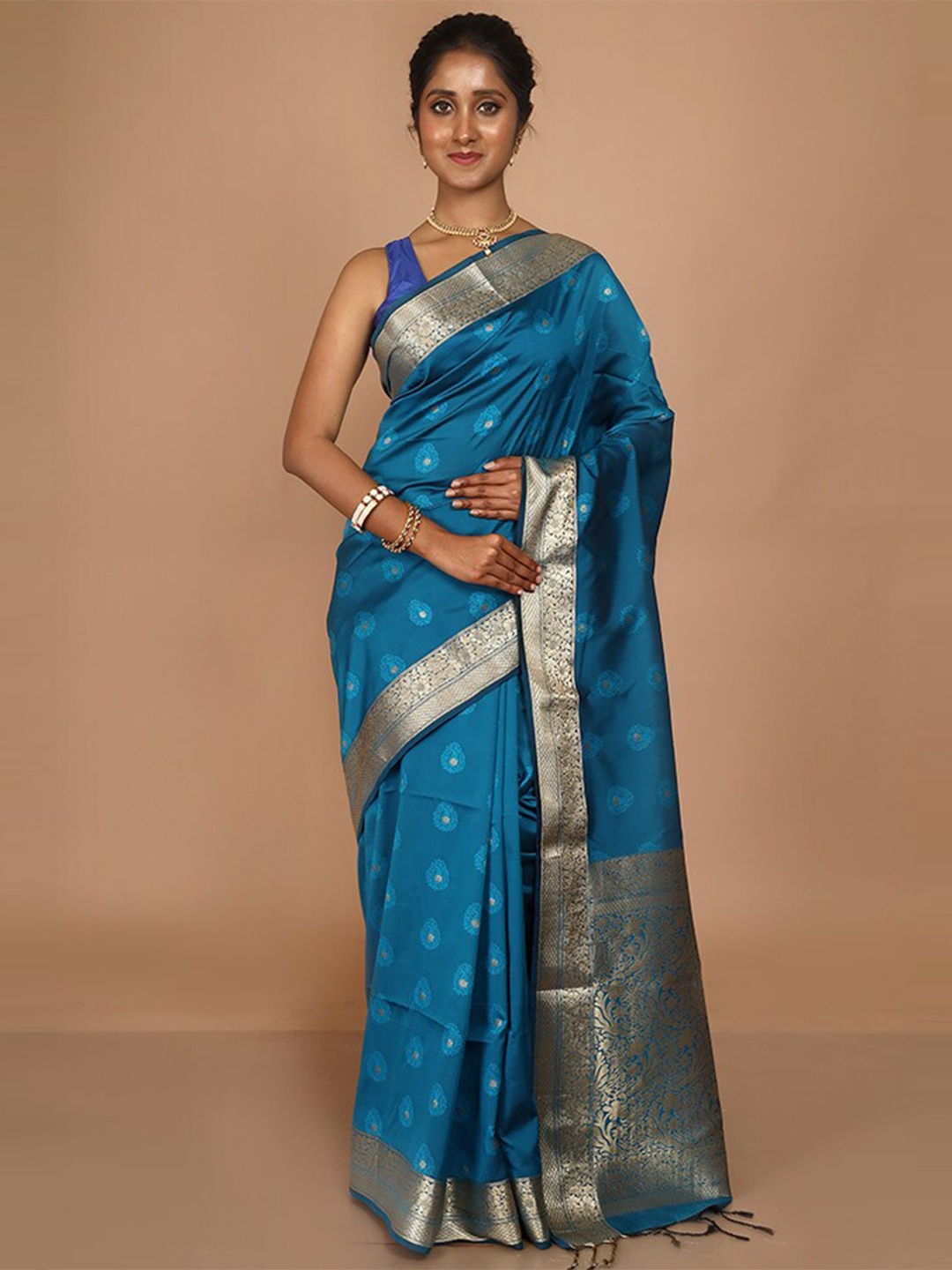 

AllSilks Ethnic Motifs Woven Design Zari Silk Blend Kanjeevaram Saree, Blue