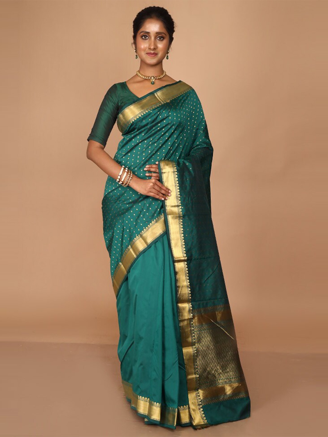 

AllSilks Polka Dots Woven Design Zari Silk Blend Kanjeevaram Saree, Green