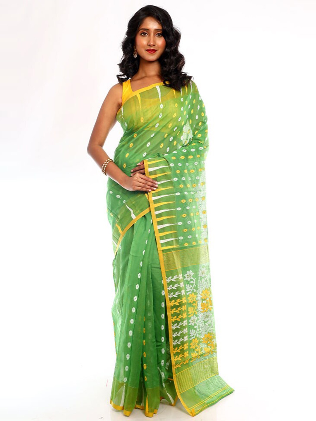 

AllSilks Floral Woven Design Taant Saree, Green