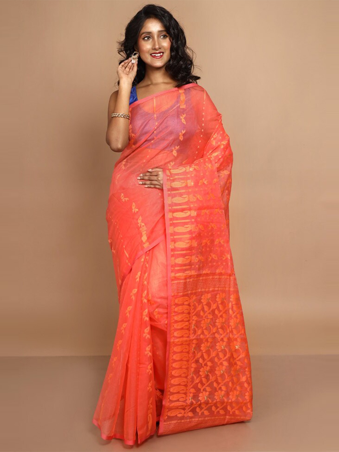 

AllSilks Ethnic Motifs Woven Design Taant Saree, Peach