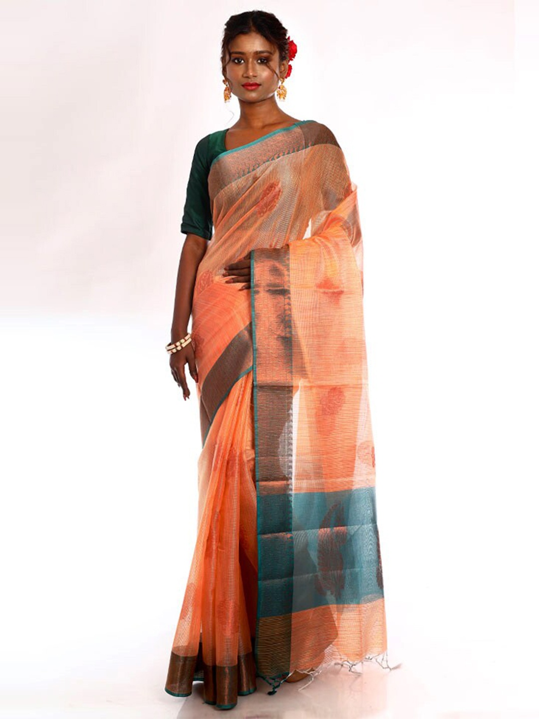 

AllSilks Floral Woven Design Zari Art Silk Saree, Rust