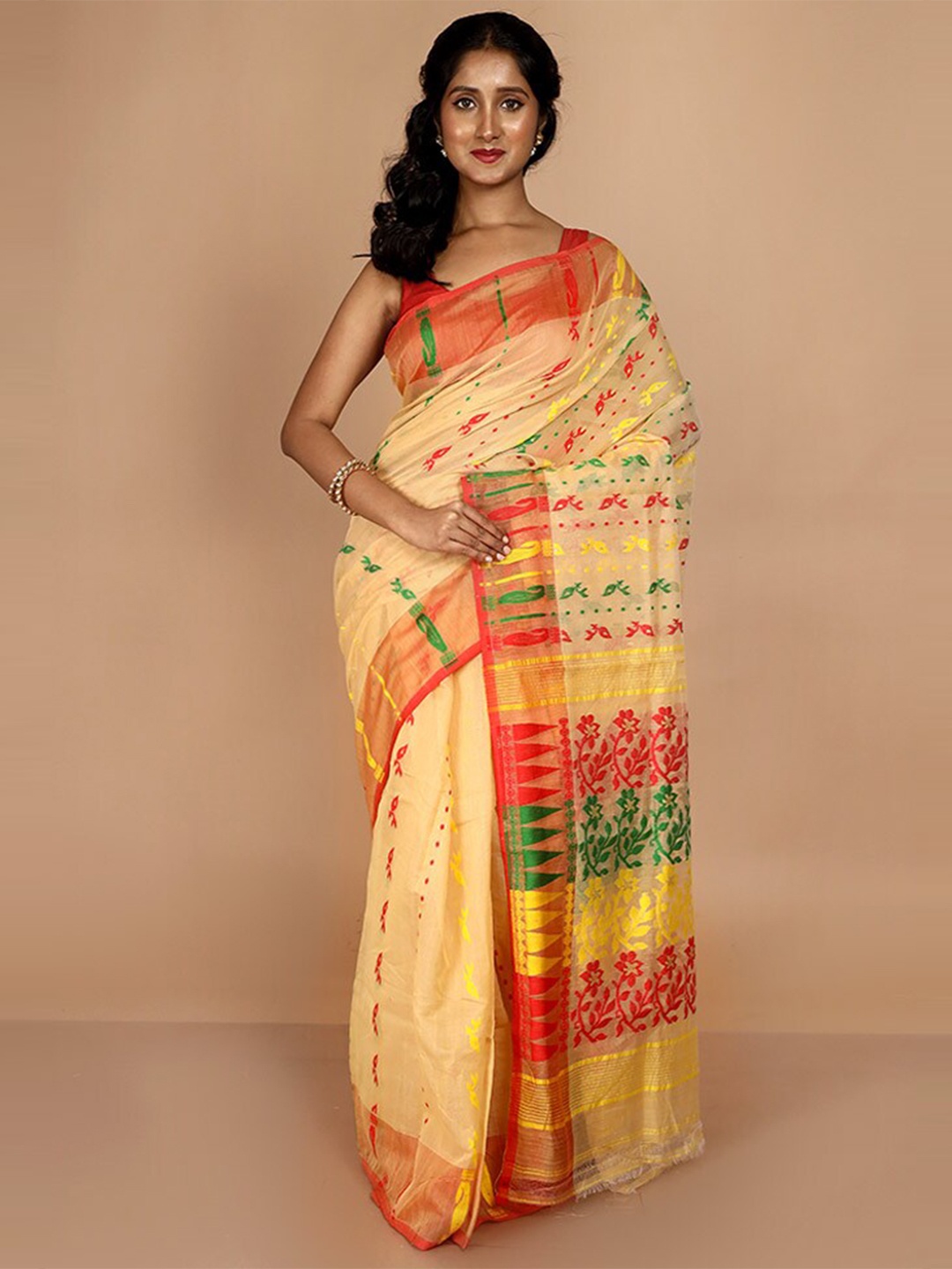 

AllSilks Ethnic Motifs Woven Design Taant Saree, Cream