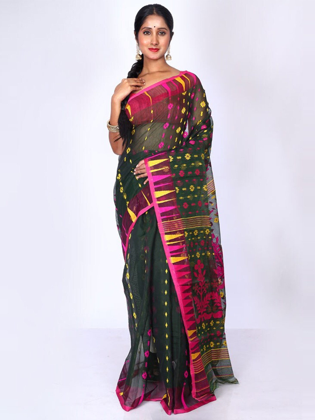 

AllSilks Floral Woven Design Taant Saree, Green