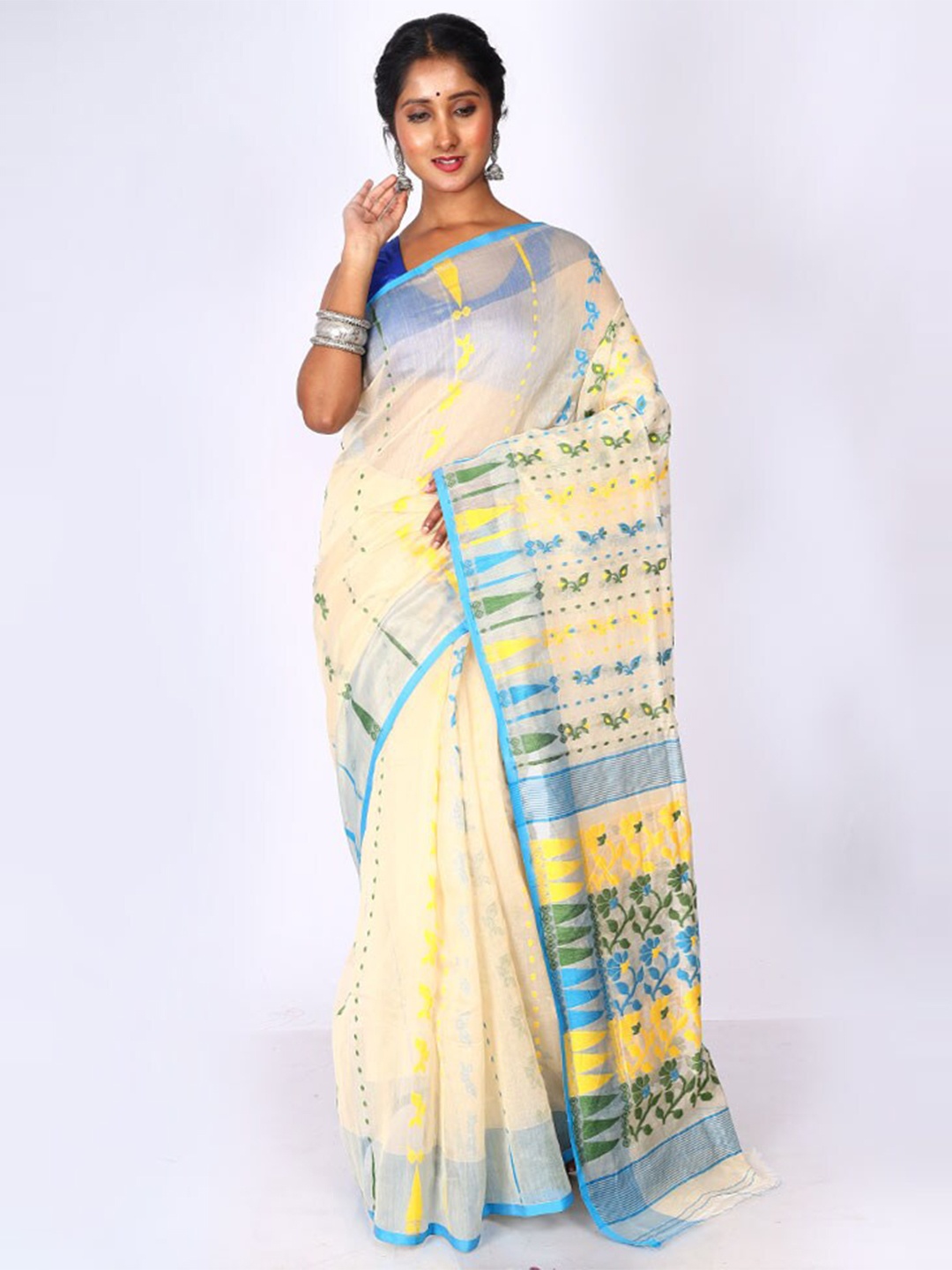 

AllSilks Floral Woven Design Taant Saree, Cream
