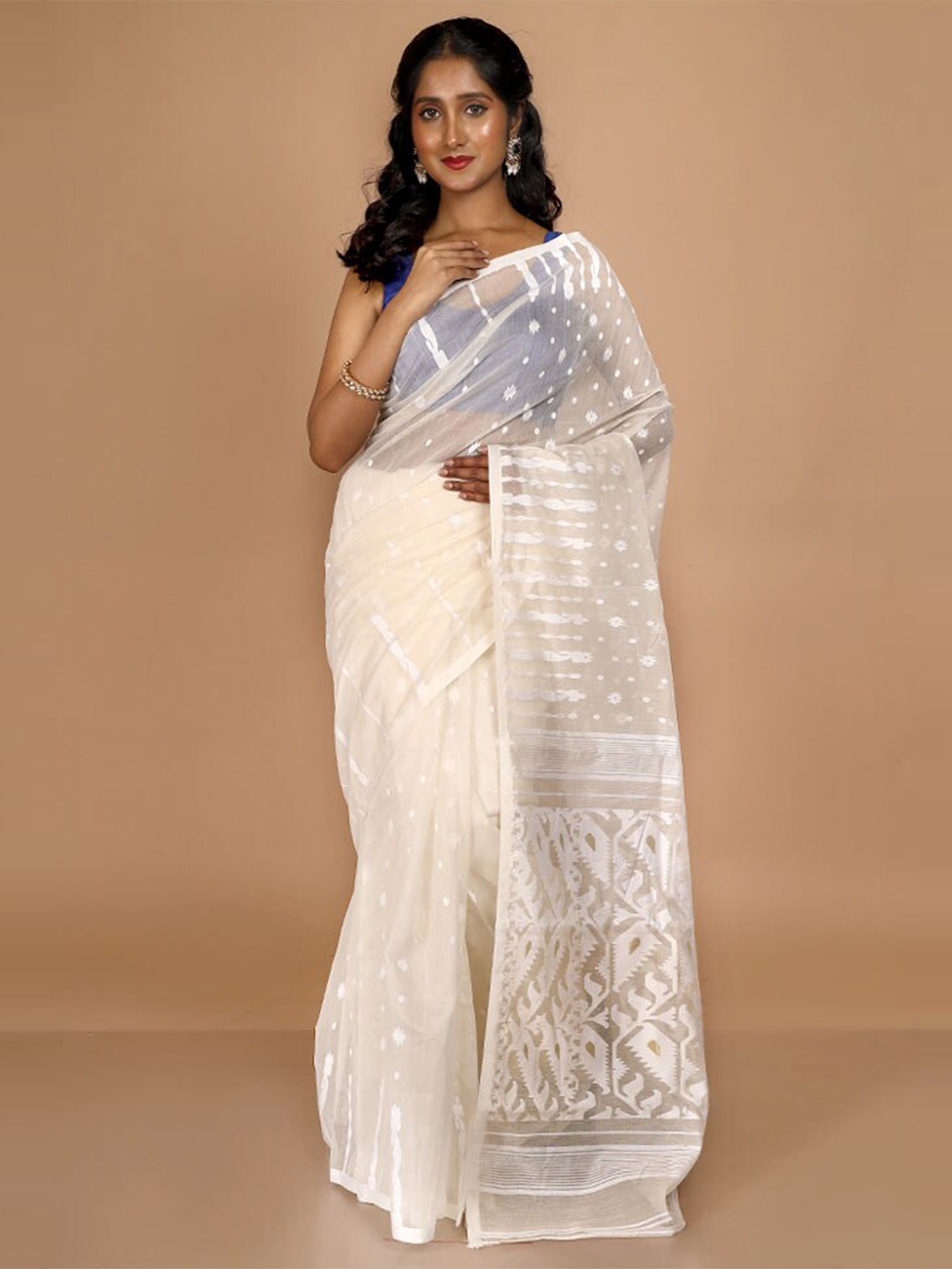 

AllSilks Floral Woven Design Taant Saree, White