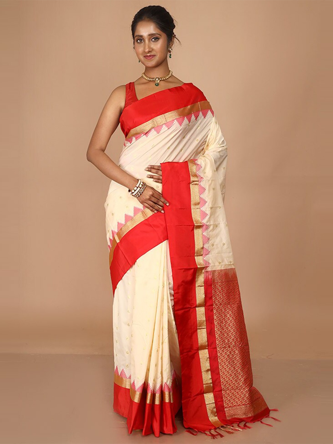 

AllSilks Woven Design Zari Silk Blend Kanjeevaram Saree, Off white