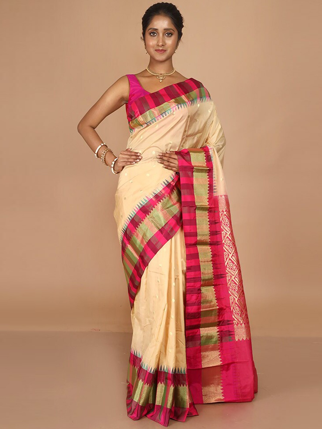

AllSilks Woven Design Silk Blend Kanjeevaram Saree, Cream