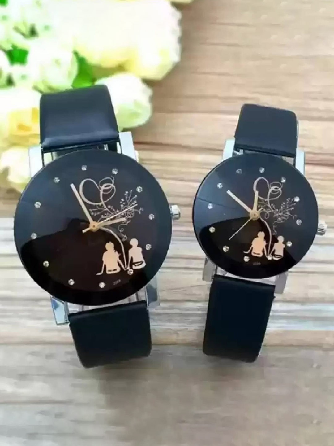 

WATCHSTAR Printed Dial & Leather Straps Analogue His & Her Watches, Black