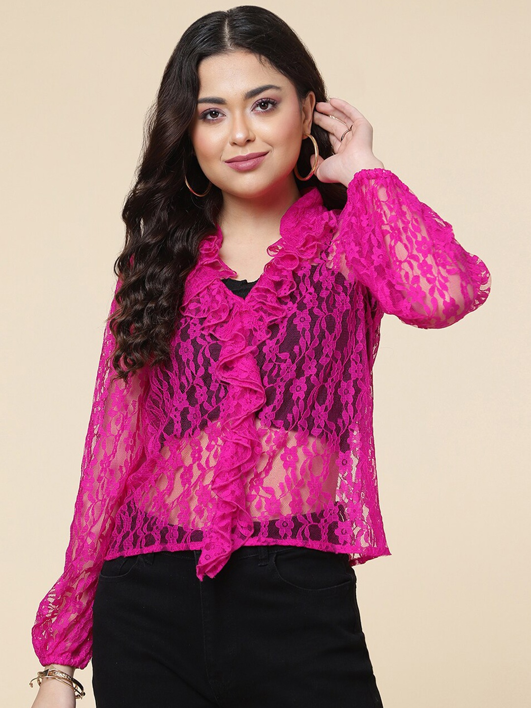 

A.T.U.N. Self Design Ruffles Lace Wrap Top, Fuchsia