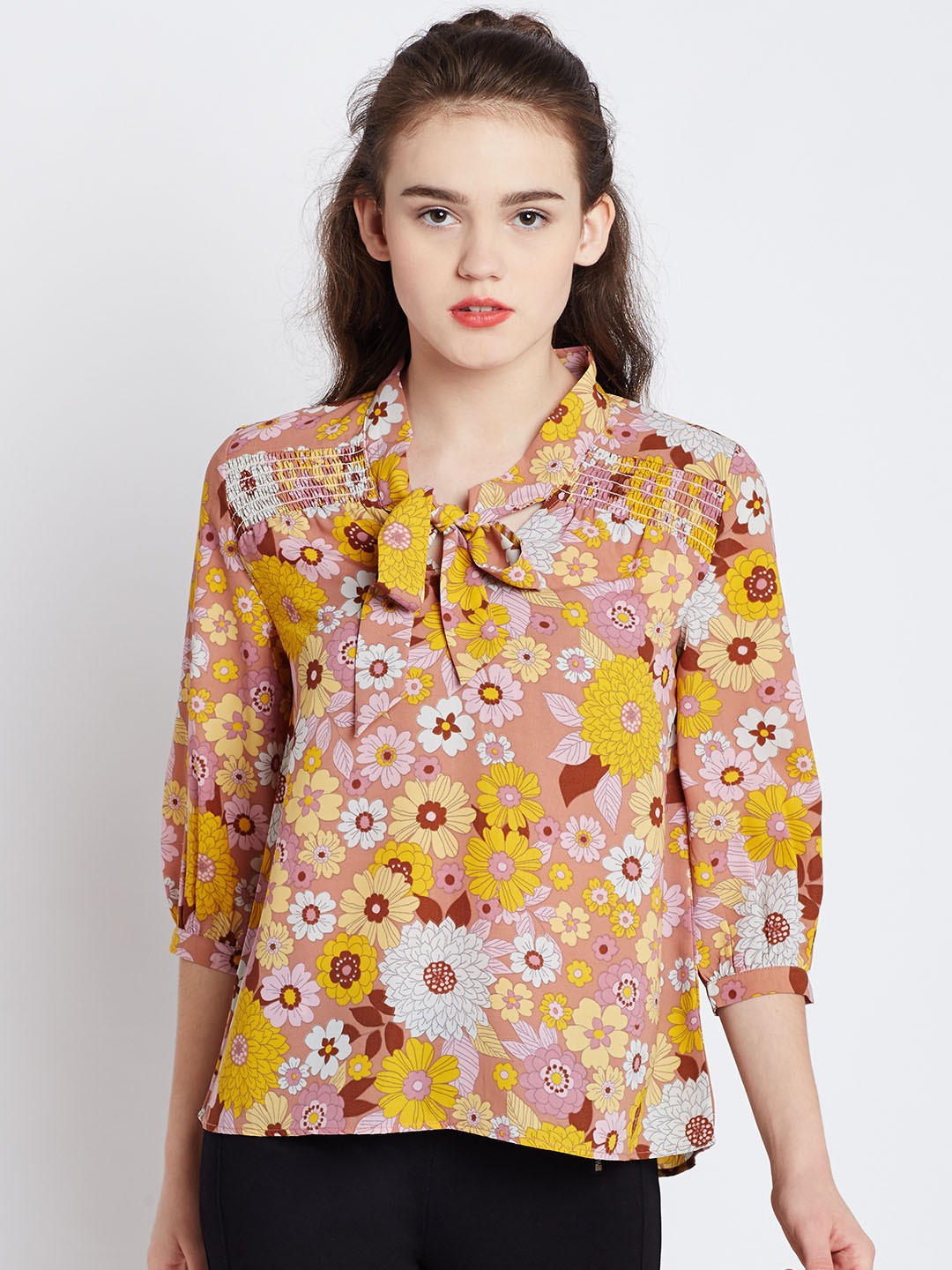 

COVER STORY Women Peach-Coloured & Yellow Printed Regular Top