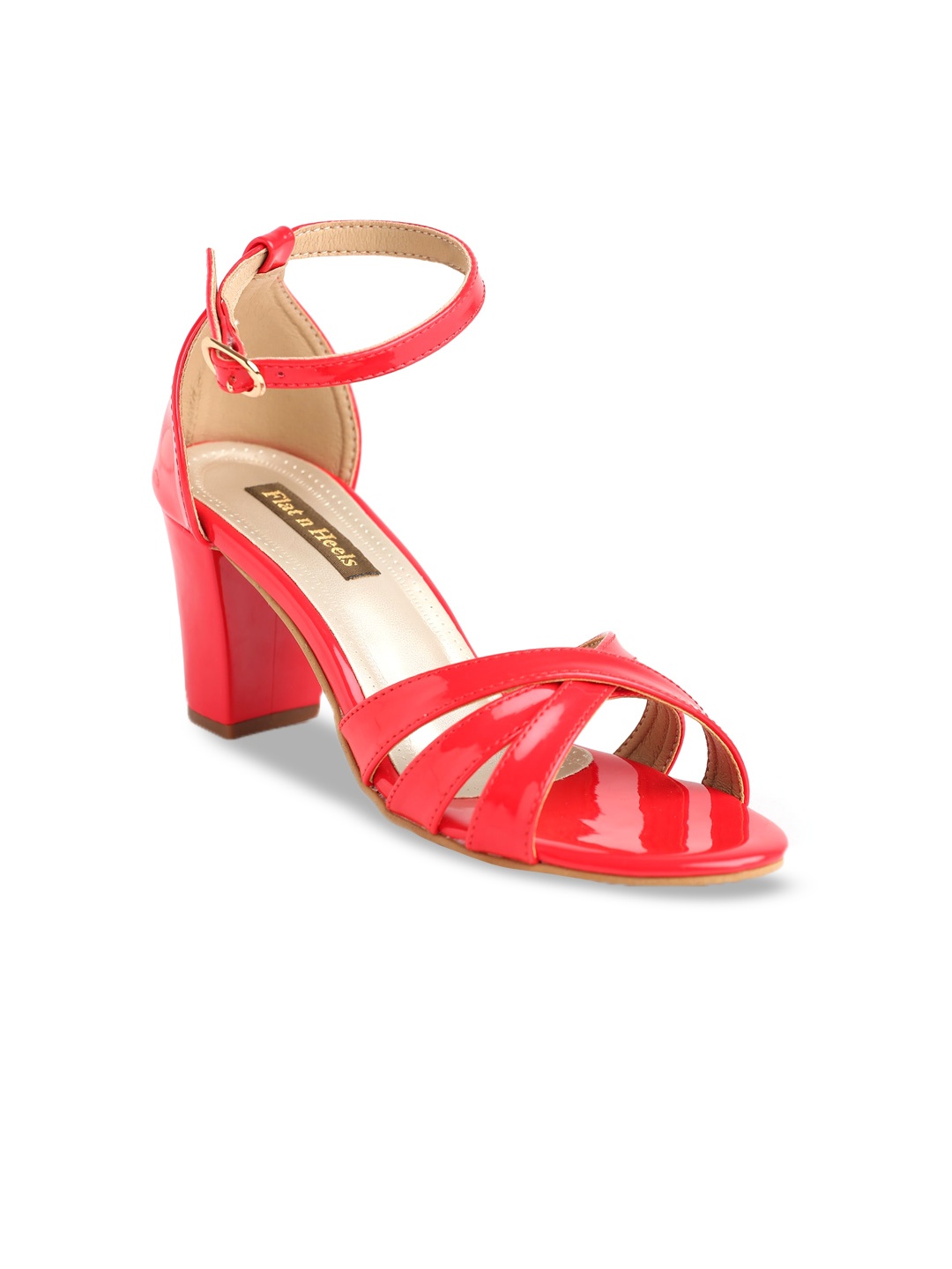 

Flat n Heels Open Toe Ankle Loop Block Heels with Buckles, Red