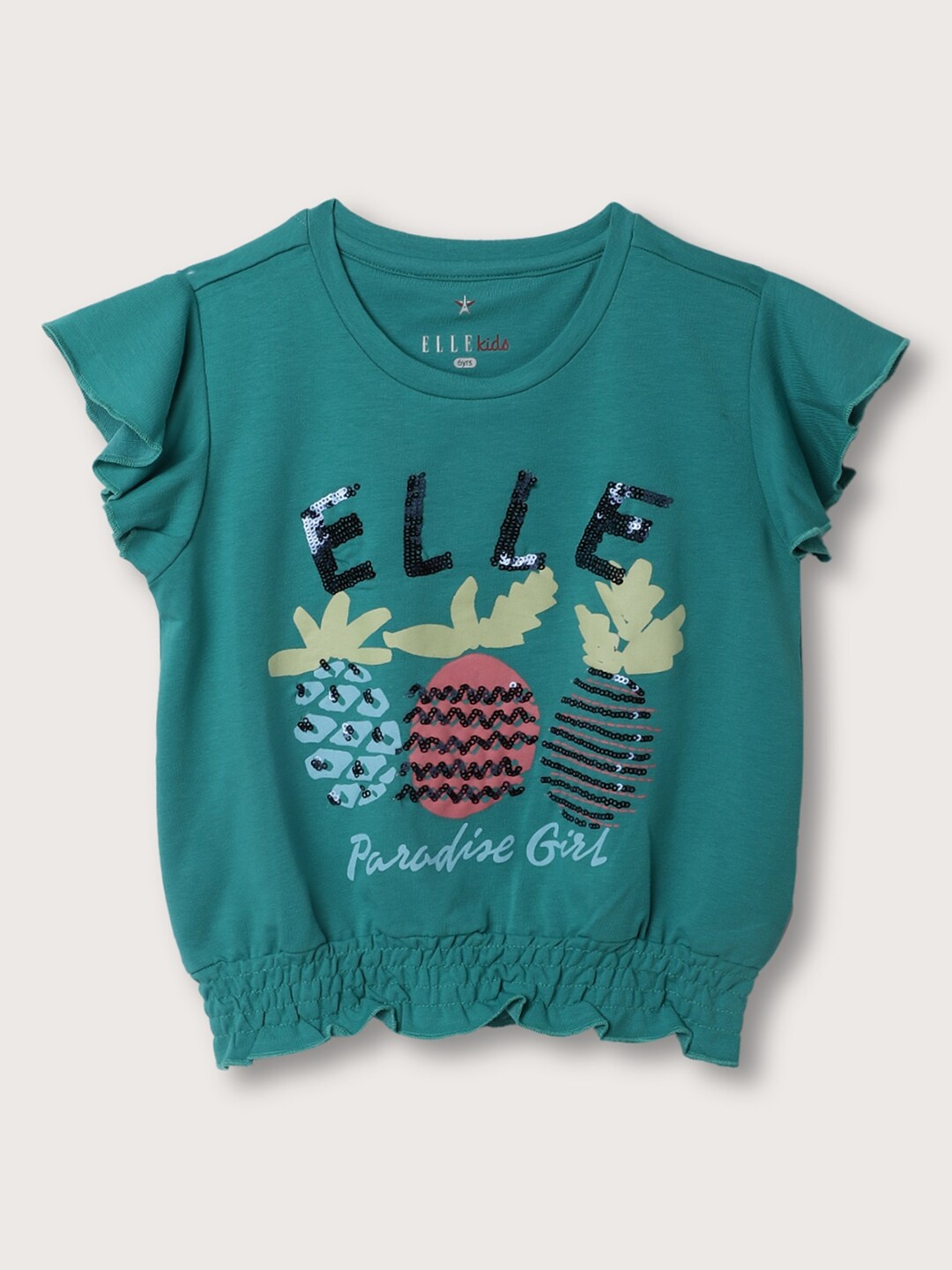 

ELLE Girls Conversational Printed Embellished Cap Sleeves Smocked Pure Cotton T-shirt, Green