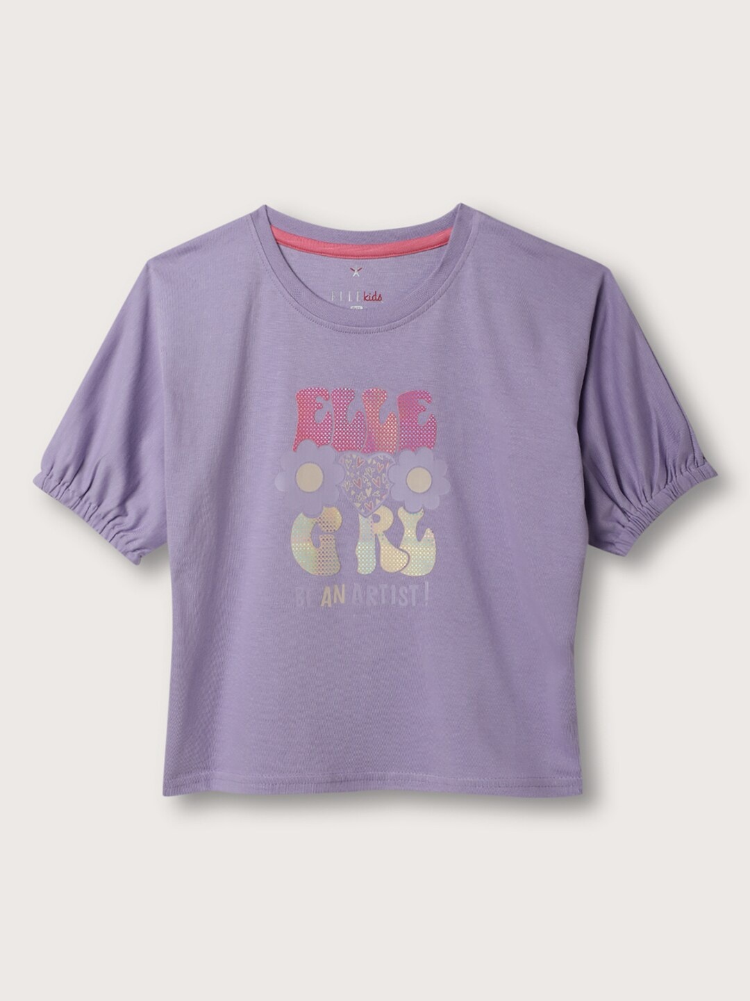 

ELLE Girls Round Neck Typography Printed T-shirt, Purple