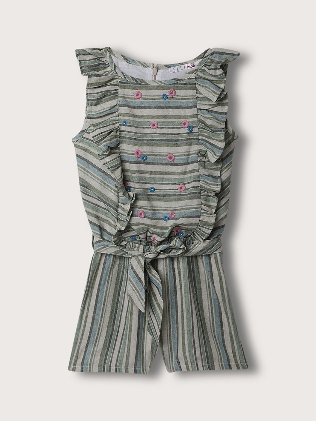 

ELLE Girls Striped Cotton Basic Jumpsuit, Green