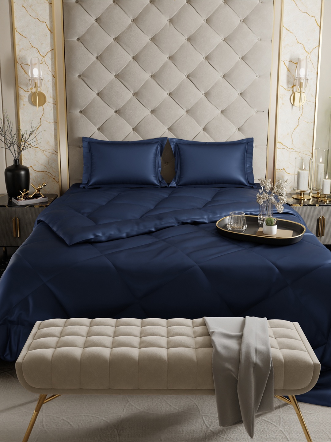 

Stoa Paris Date Night Navy Blue AC Room 150 GSM Double Bed Satin Comforter