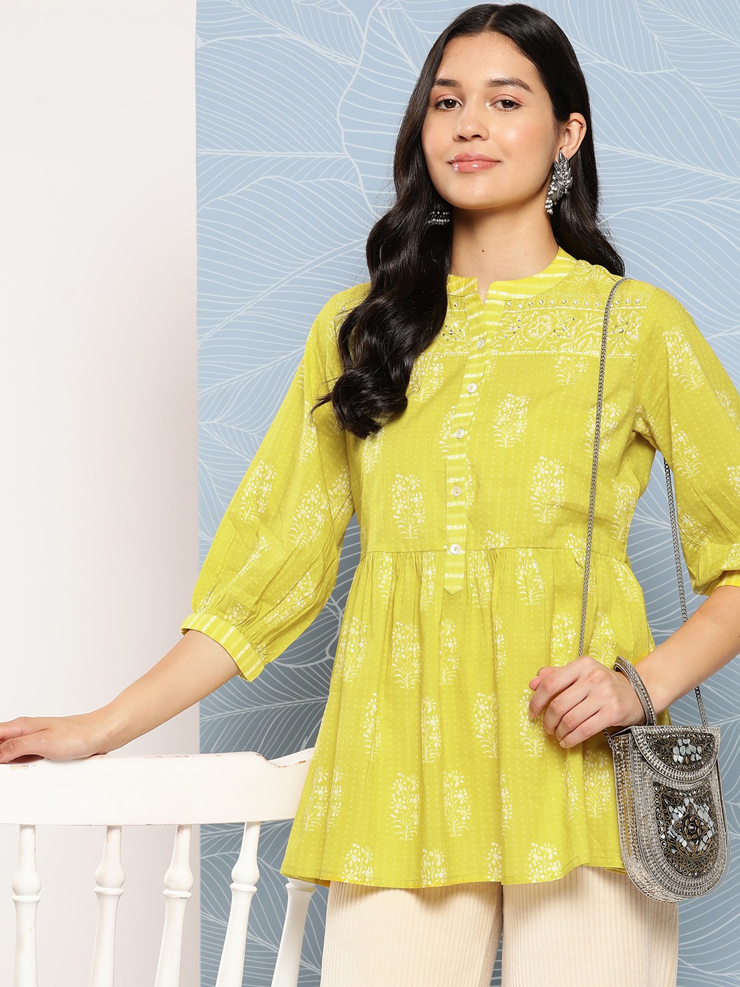 

Juniper Mandarin Collar Printed Embellished Tunic, Yellow