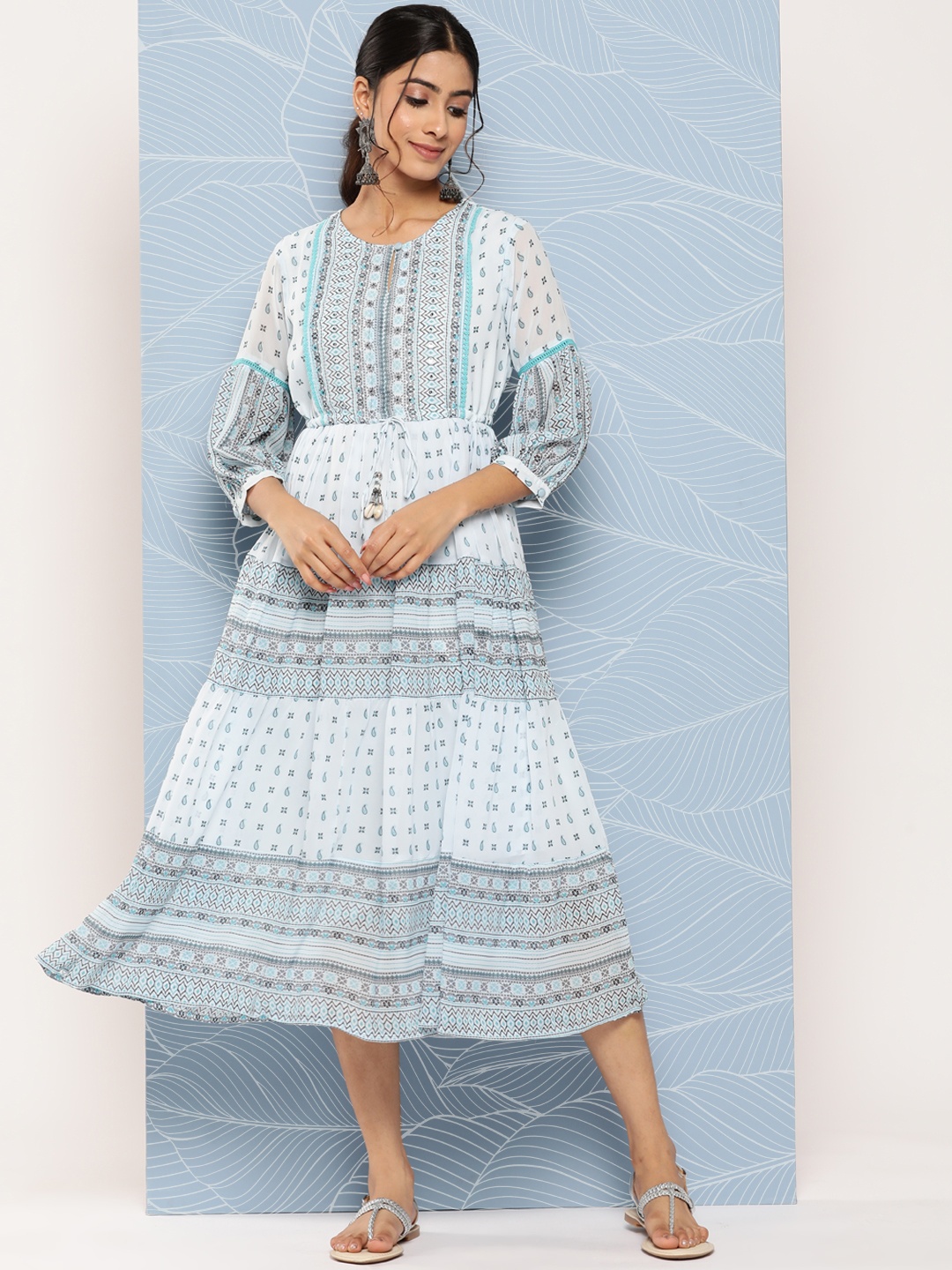 

Juniper Ethnic Motifs Printed Sequinned Keyhole Neck Georgette Midi Ethnic Dress, Blue